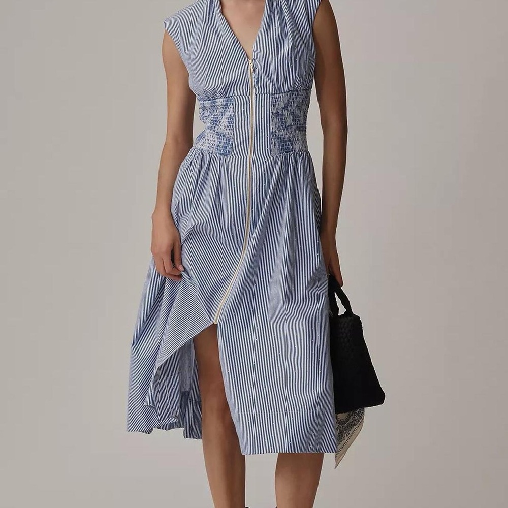 Light Blue Striped Zip-Front Midi Dress